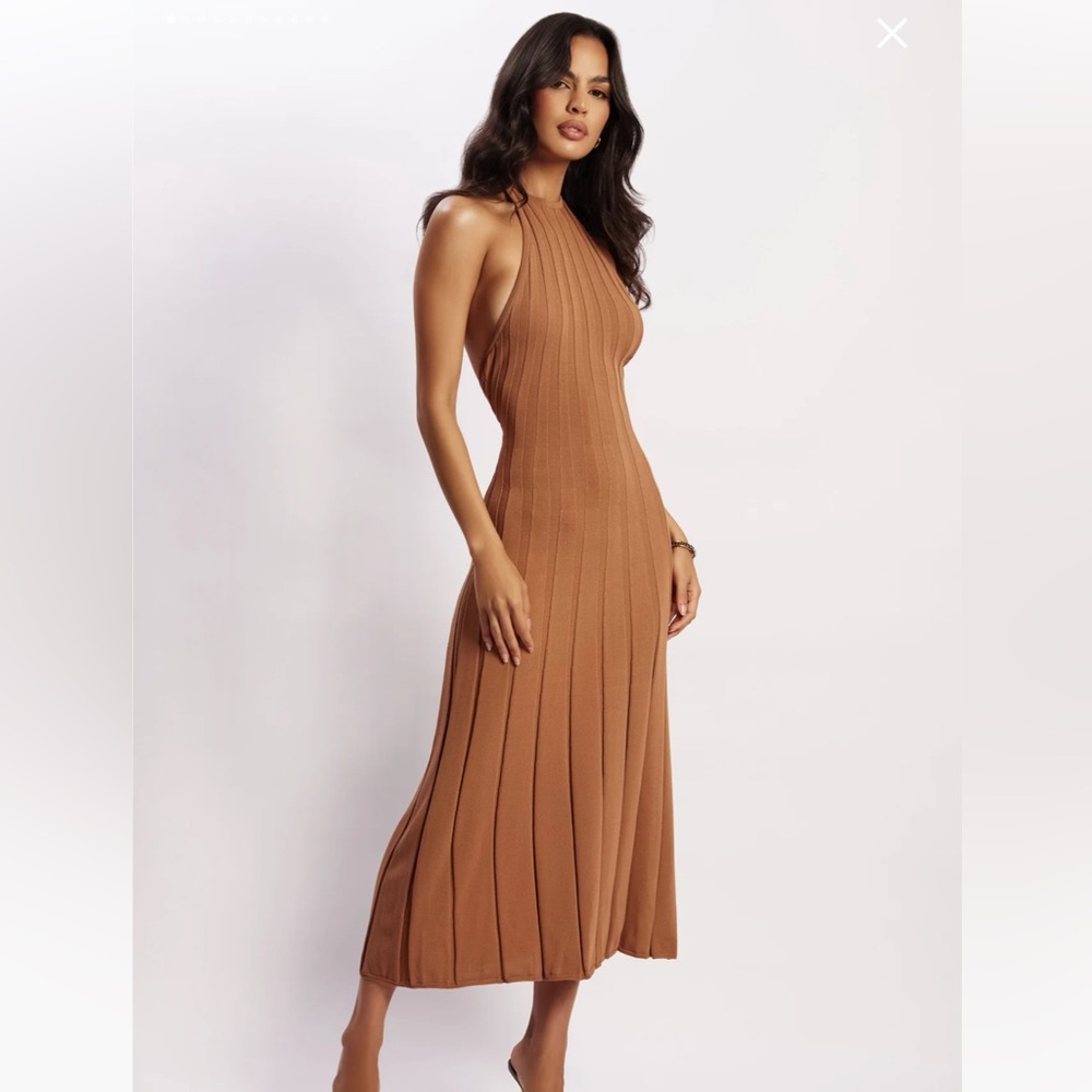 Meshki Adrienne Halter Neck Midi Dress - Tan